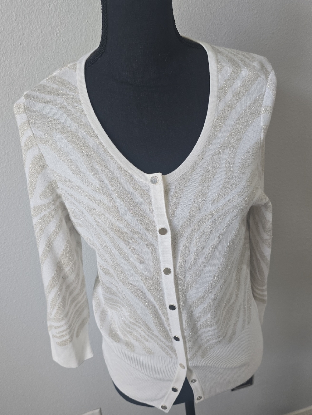 White House Black Market Women's White Cream Zebra-Print Button Cardigan